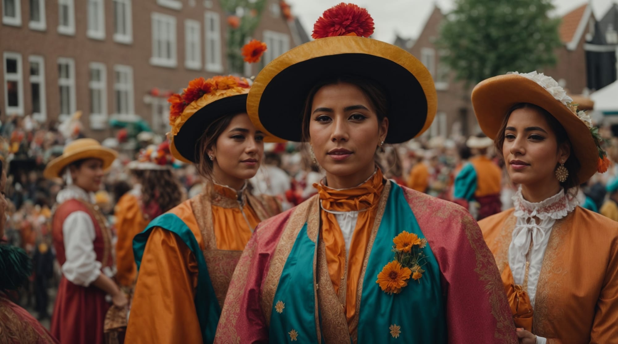 Netherlands festivals Colorful view of traditional Dutch festival with participants in cultural costumes