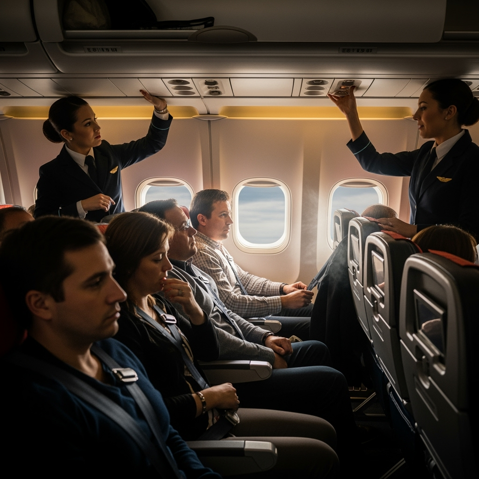 airplane turbulence Image of a commercial airplane experiencing turbulence in the sky, with passengers bracing and flight attendants securing the cabin.
