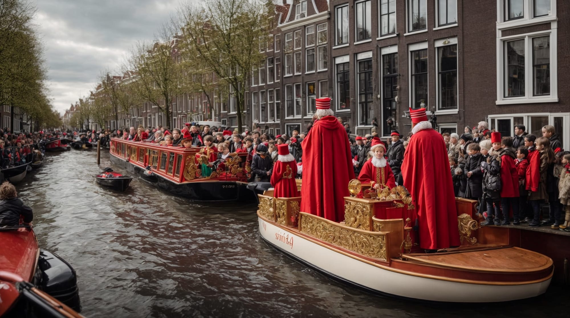 Sinterklaas Sinterklaas parade on Amsterdam's canals with children watching