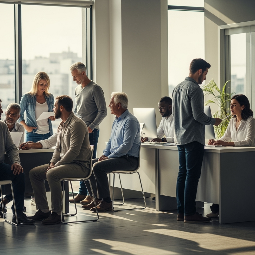 housing application process A diverse group of Harlem residents applying for housing in a modern city office setting