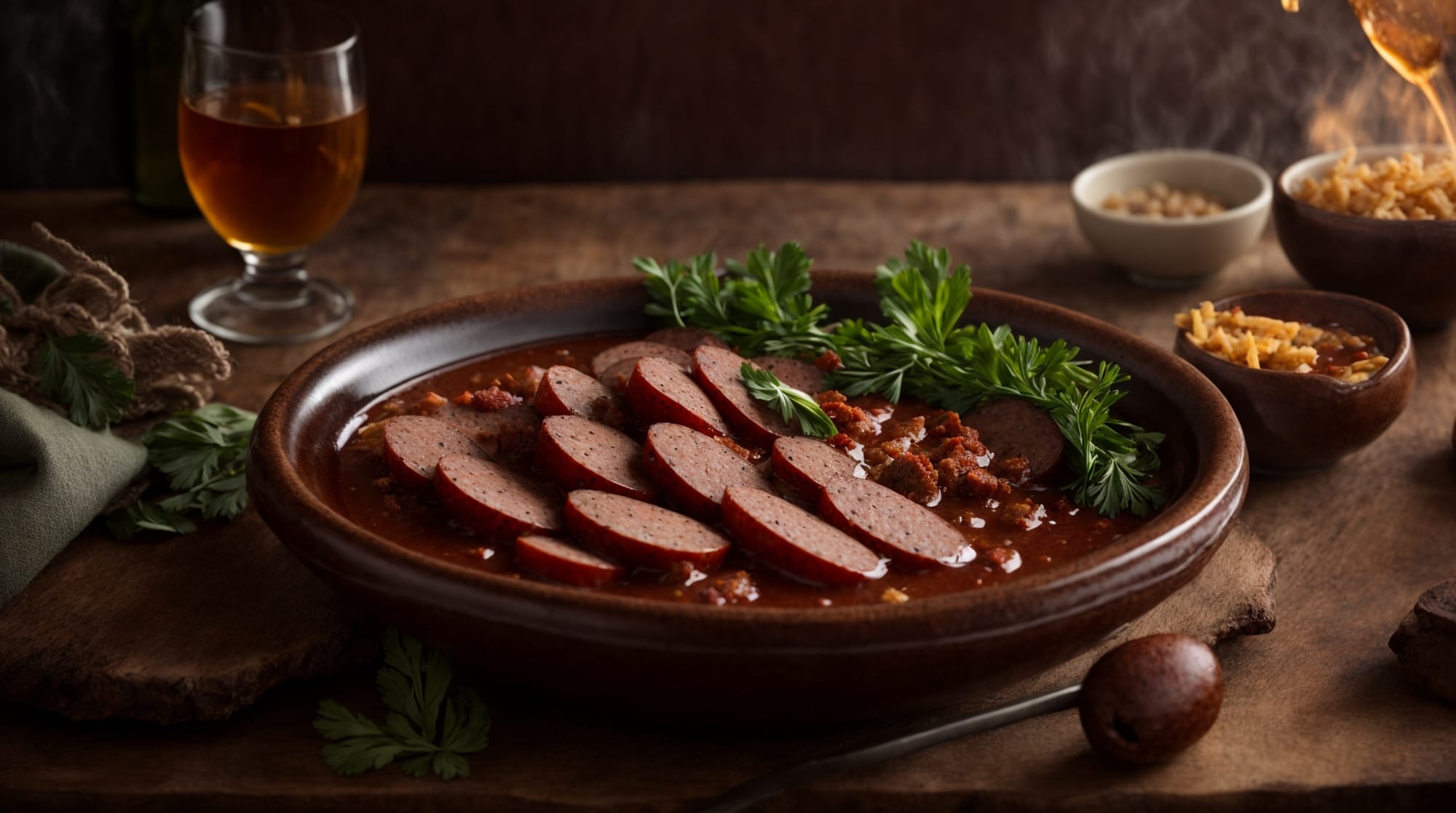 stamppot Warm bowl of stamppot with smoked sausage on a rustic dining table.