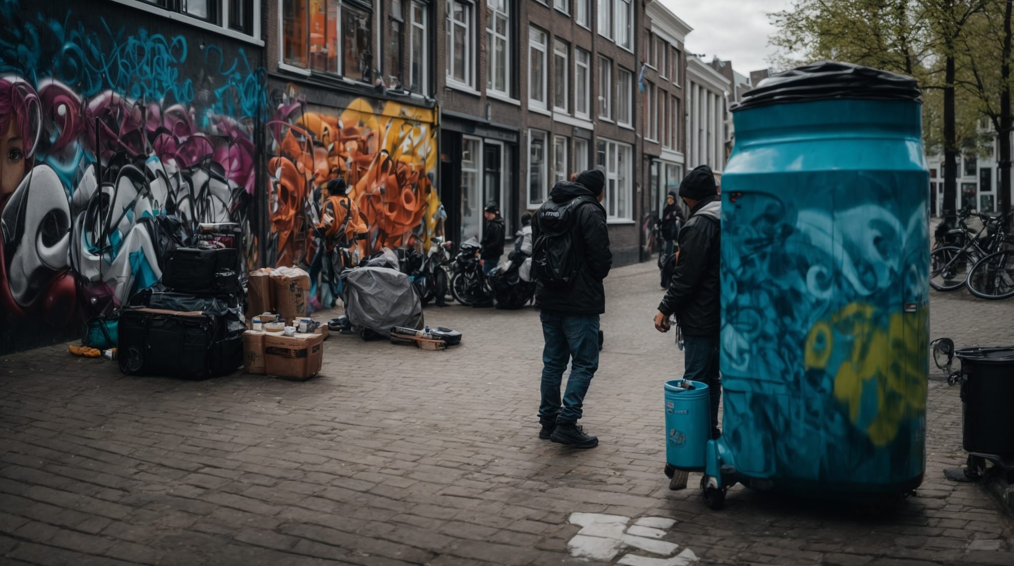 street art culture graffiti artists at work in one of the popular street art corners of Amsterdam