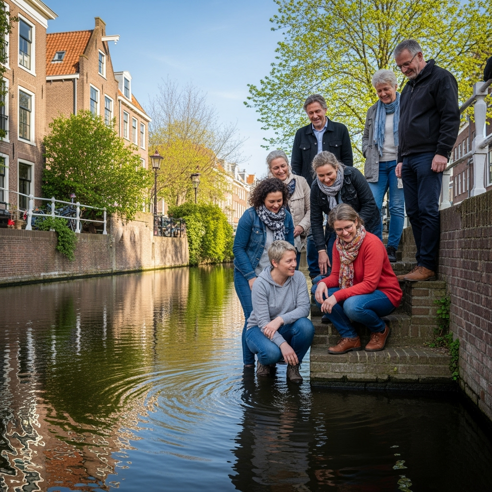 community inspection A group of residents and volunteers inspecting a tiny staircase along a Dutch canal, with an urban backdrop and smiling faces.