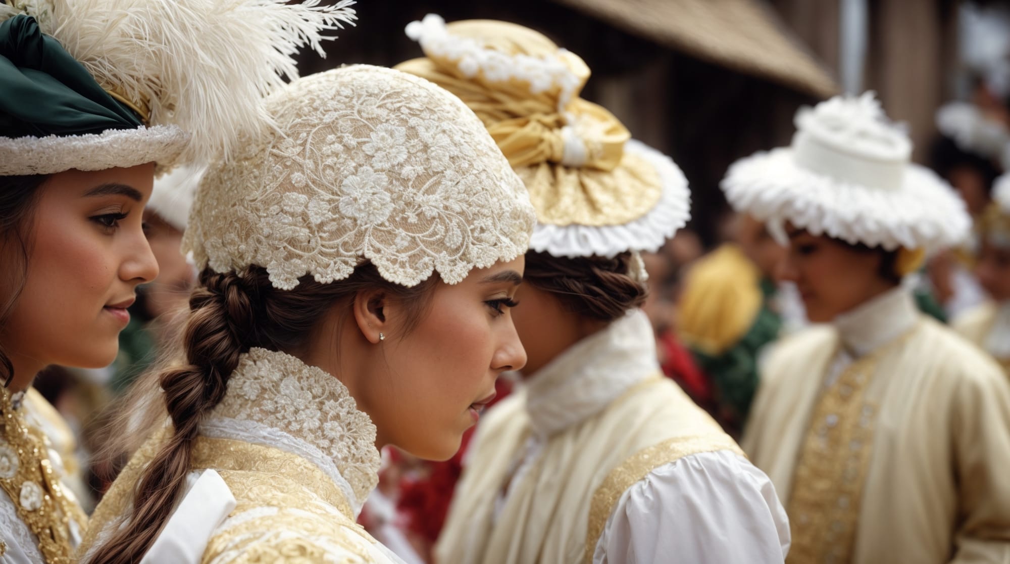 traditional costumes A detailed image of the intricate lace caps typical of traditional Zeeland costumes.