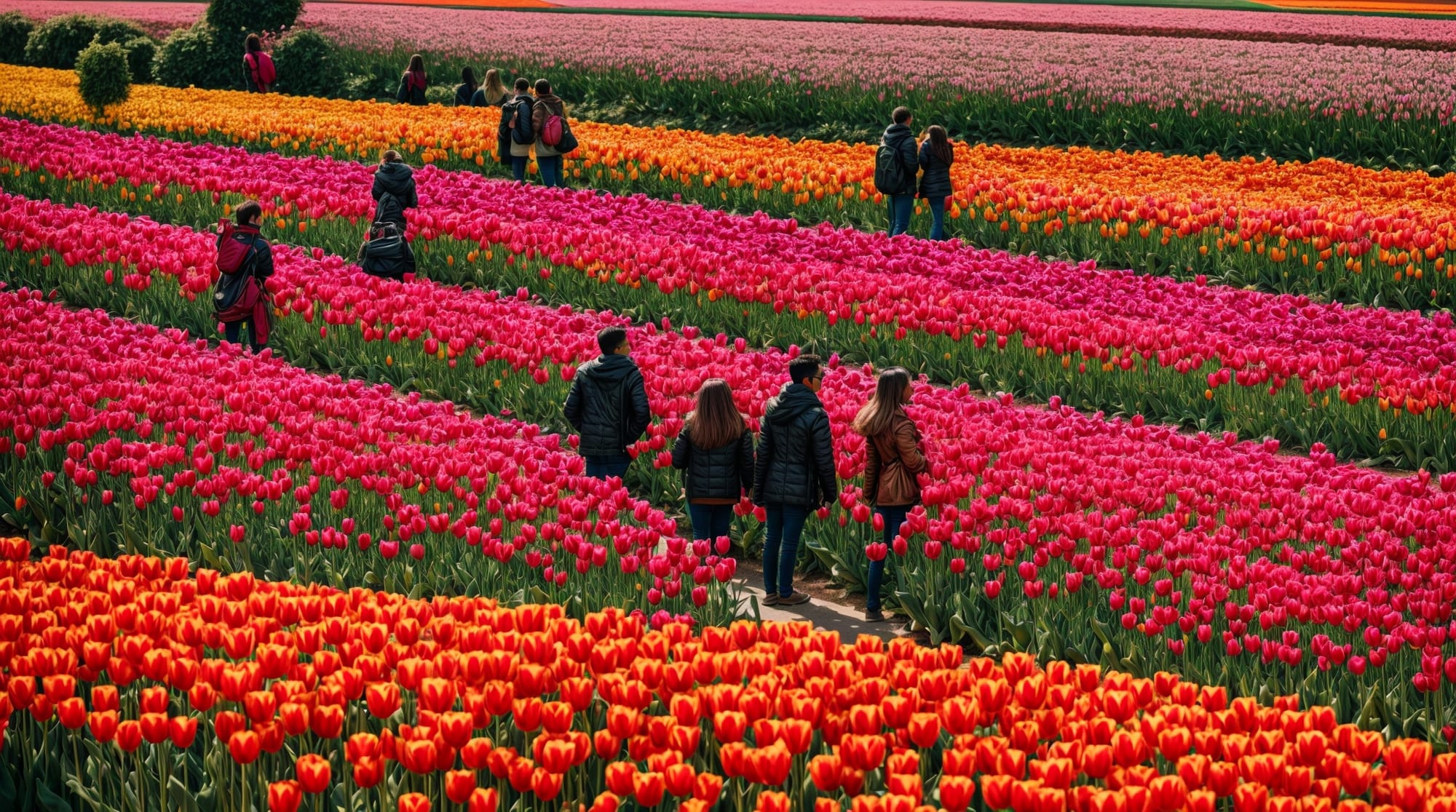 Tulip Festival fields of vibrant tulips in Lisse with visitors enjoying the scenic beauty