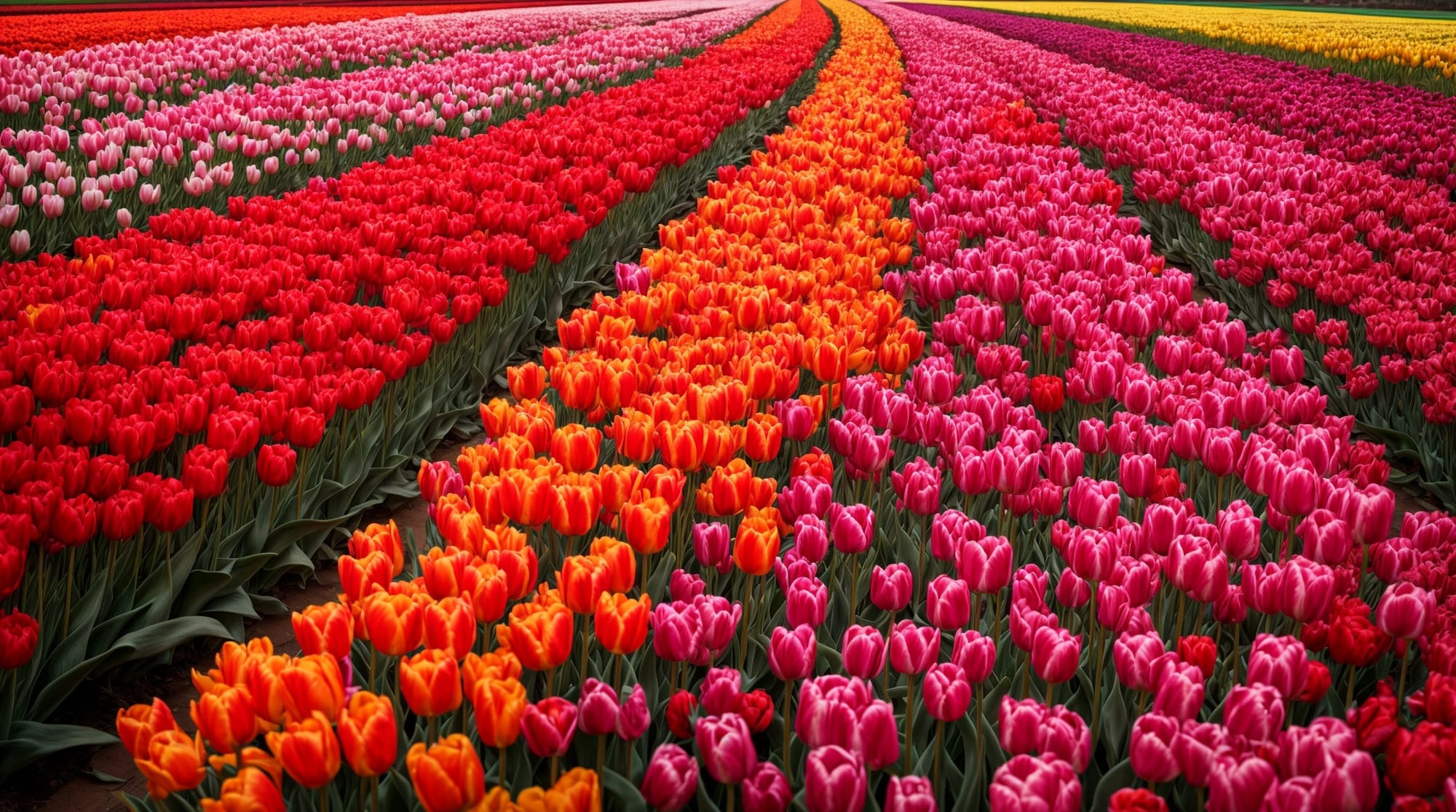 Tulip season Holland vivid tulip fields with multiple colors in Keukenhof Gardens during spring season