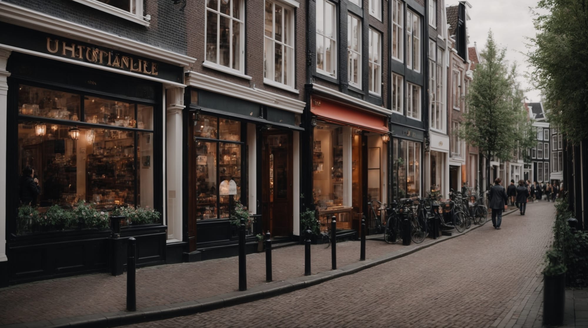 Strolling through a quaint Amsterdam street lined with boutique shops
