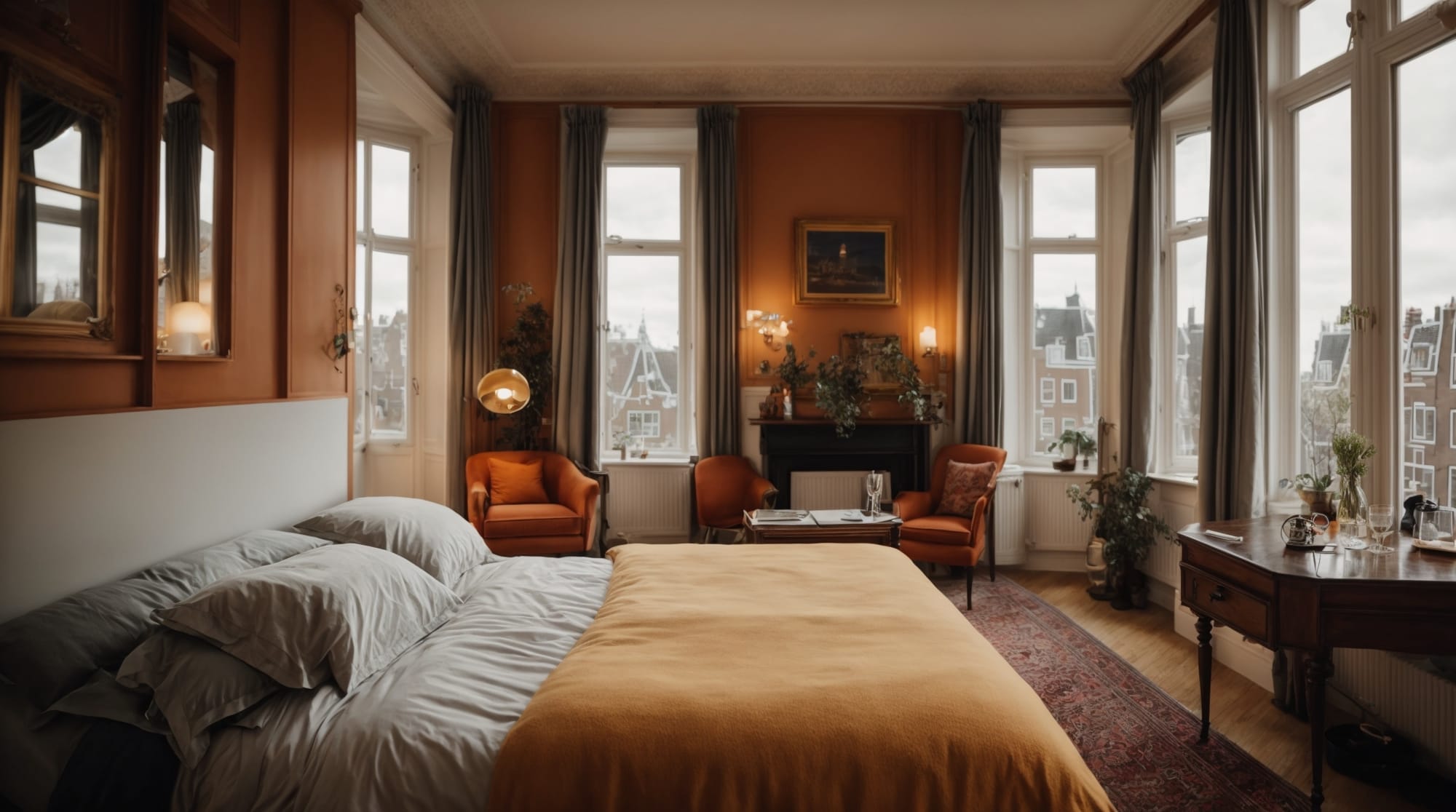 unique lodging A cozy room in a classic Amsterdam bed and breakfast, adorned with traditional Dutch decor and views of the city