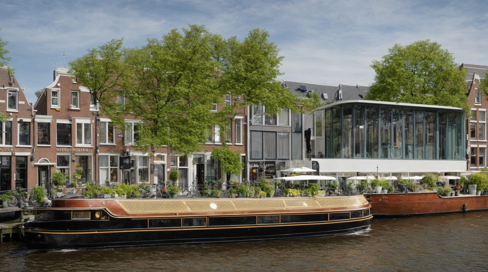 unique stays Amsterdam A modern botel docked along an Amsterdam canal providing a unique accommodation experience.