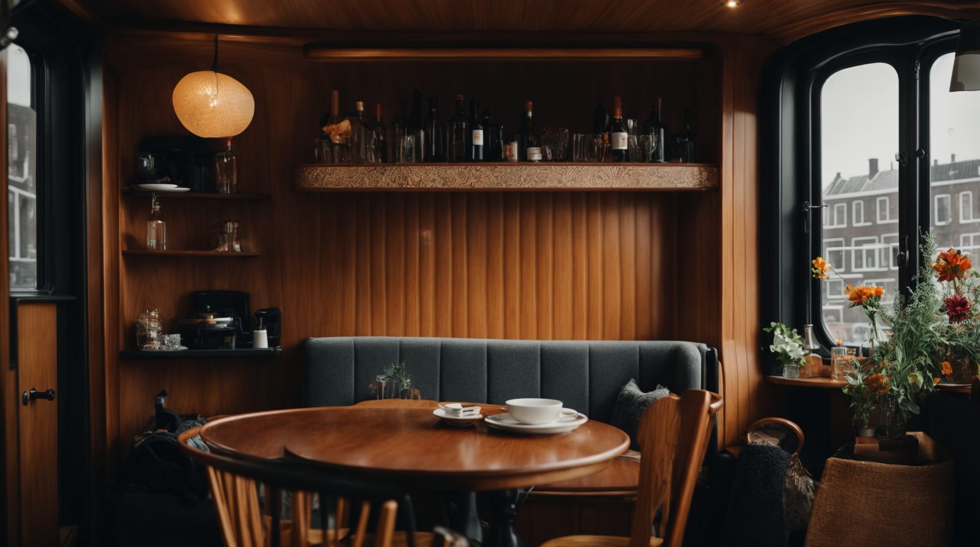 Interior view of a beautifully decorated Amsterdam houseboat