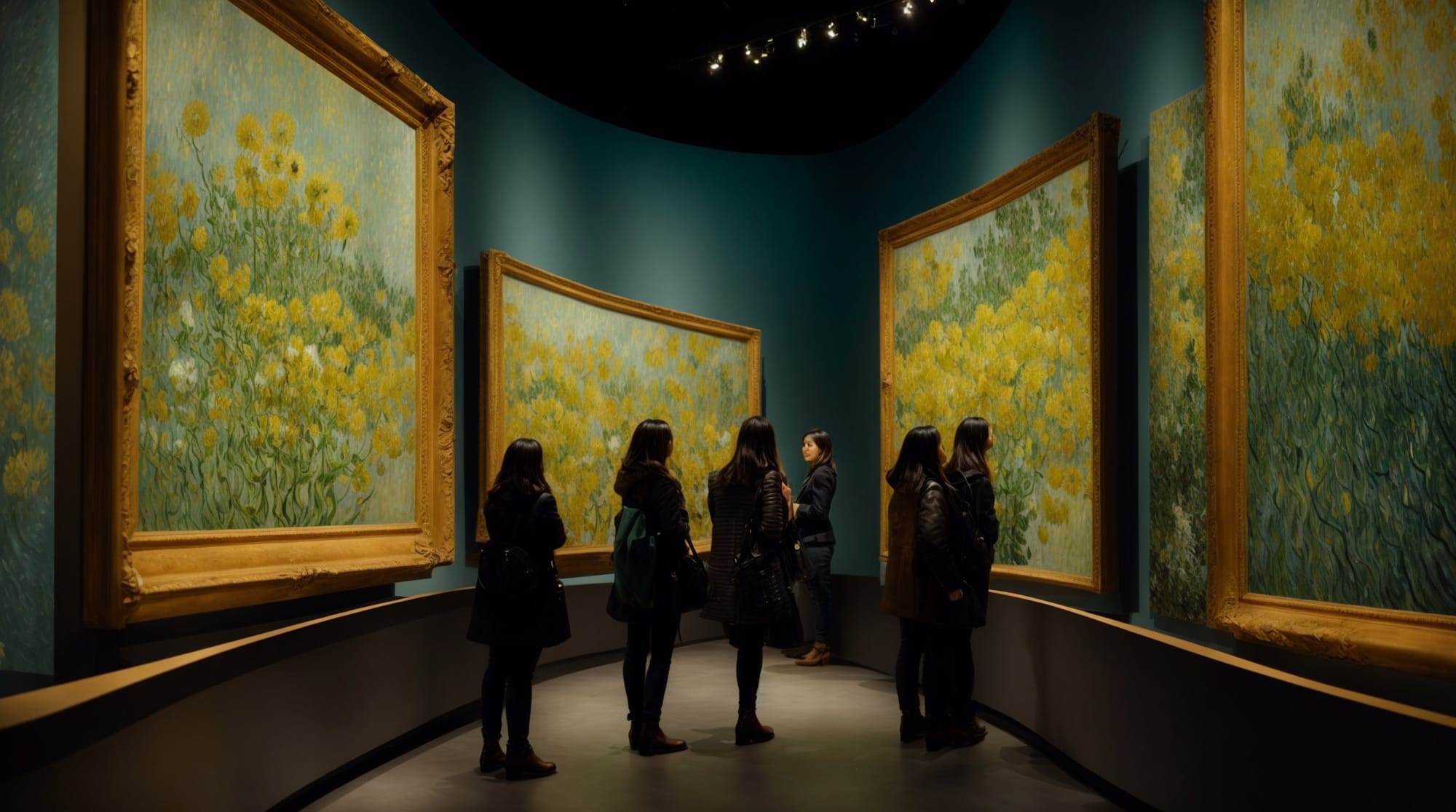 Van Gogh Museum visitors admiring Van Gogh paintings inside the well-lit gallery of Van Gogh Museum
