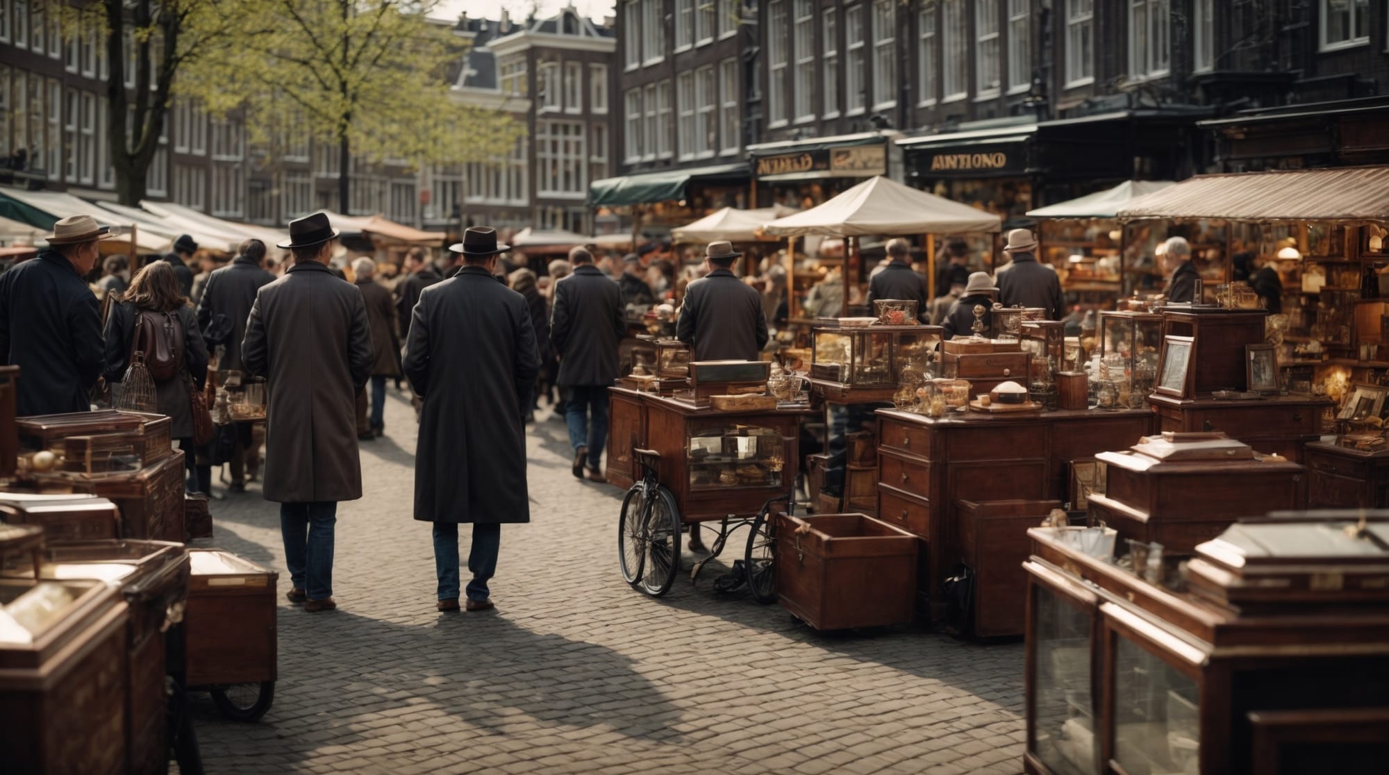 vintage Amsterdam market Shoppers browsing through antiques and vintage items at an Amsterdam market