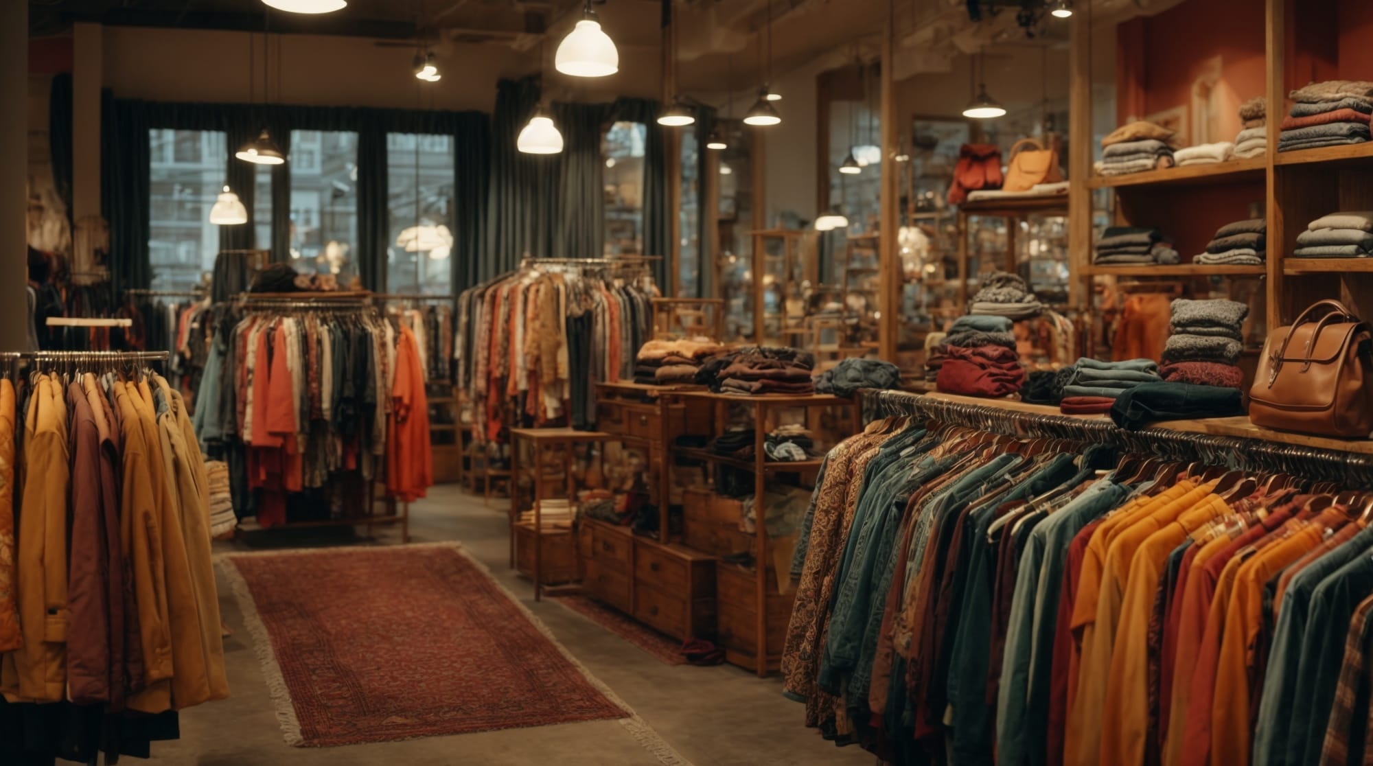 Interior view of a vintage shop in Amsterdam, with racks of colorful vintage clothes and accessories.