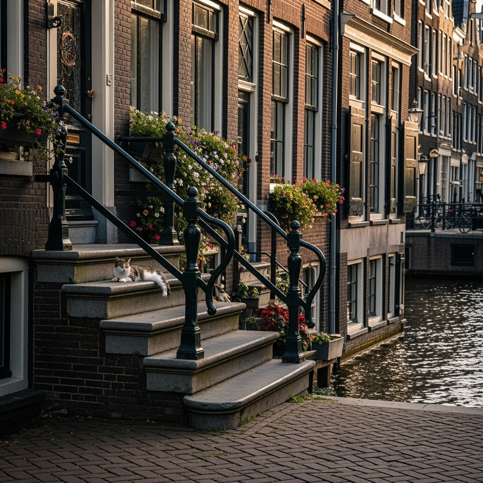 Amsterdam cats on stairs A charming scene of a cat relaxing on an ornate staircase outside a historic Amsterdam canal house, capturing the lively spirit of the city.