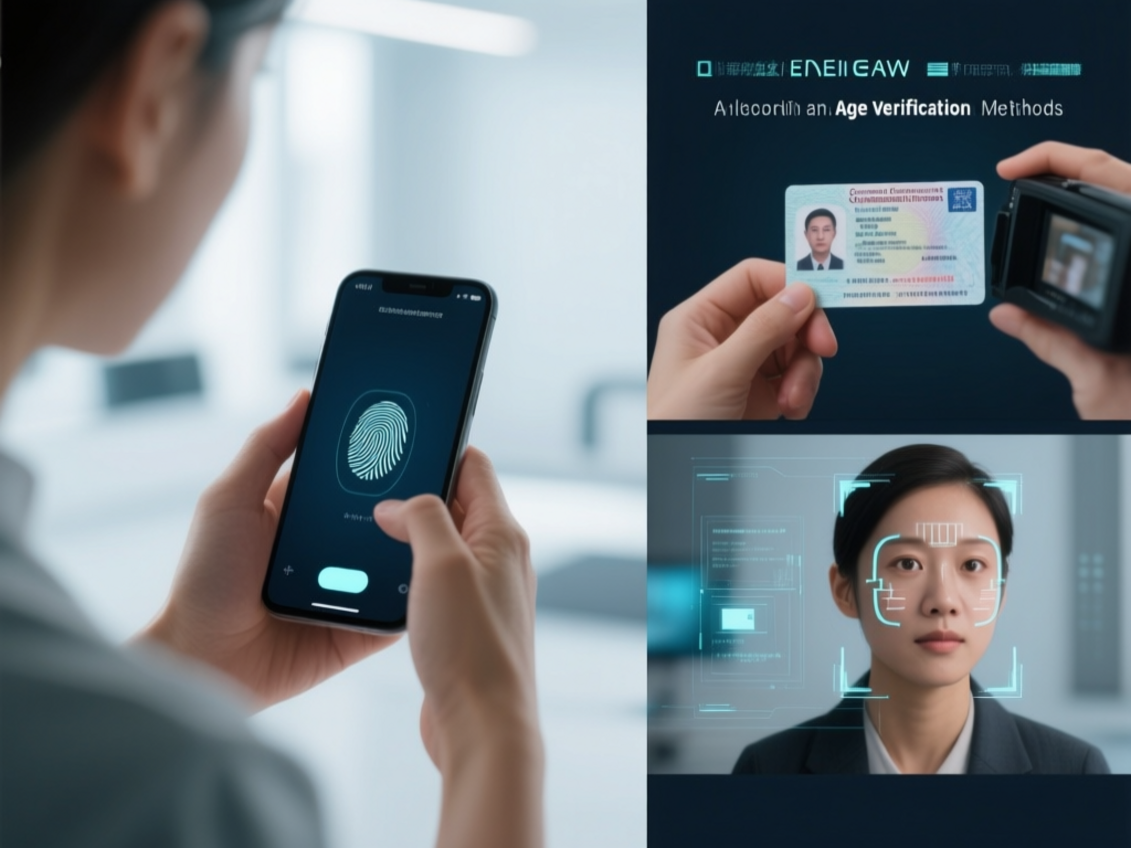 age verification methods An illustrative infographic showing online age verification methods including biometrics and ID checks