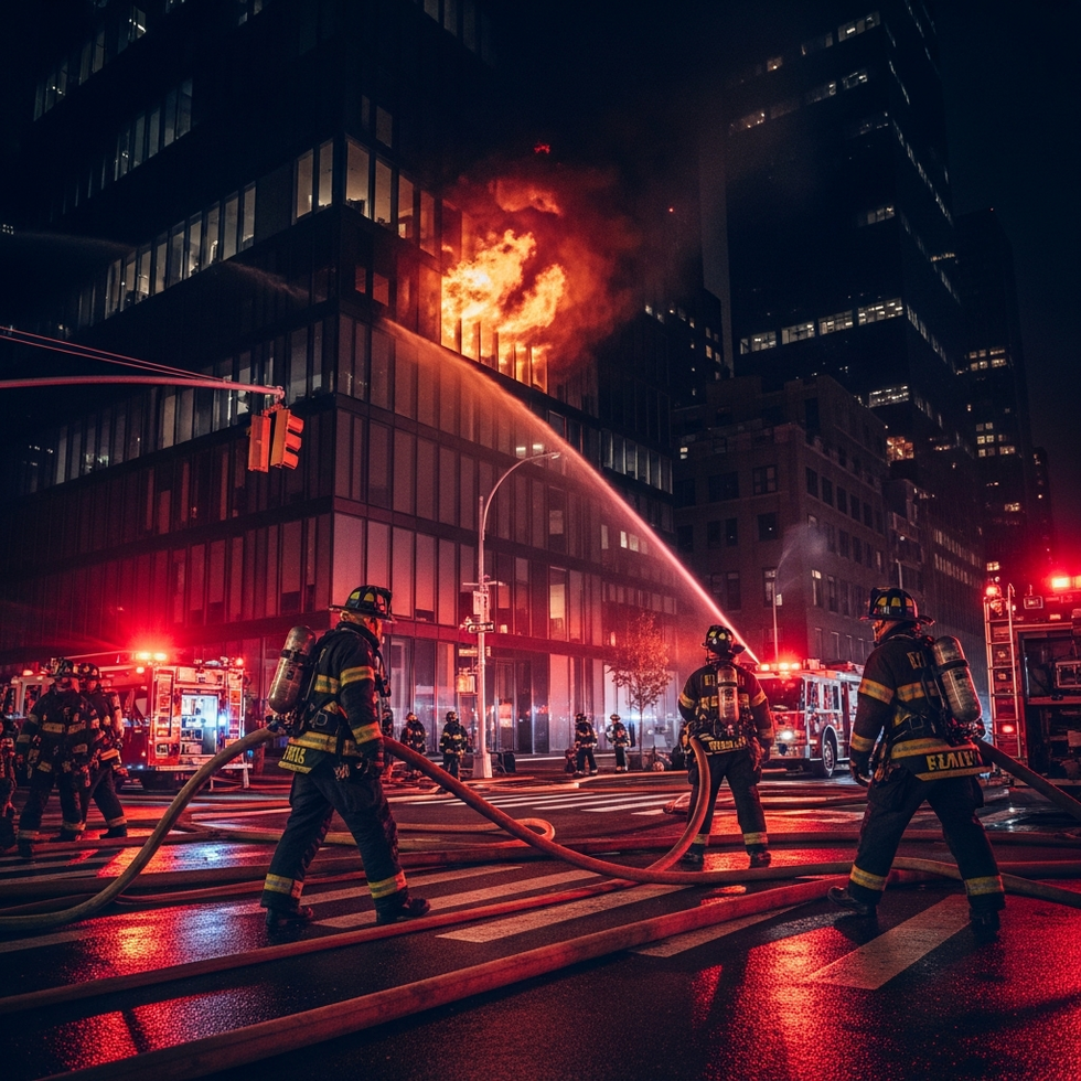 firefighters emergency An image of firefighters in protective gear operating hoses on a burning Manhattan building at night with emergency lights flashing