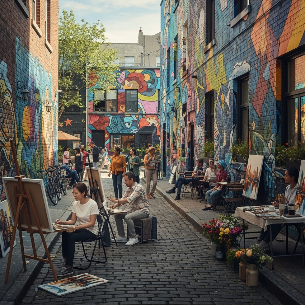 Amsterdam arts scene a vibrant street scene in Amsterdam showcasing murals, local artists, and cultural diversity
