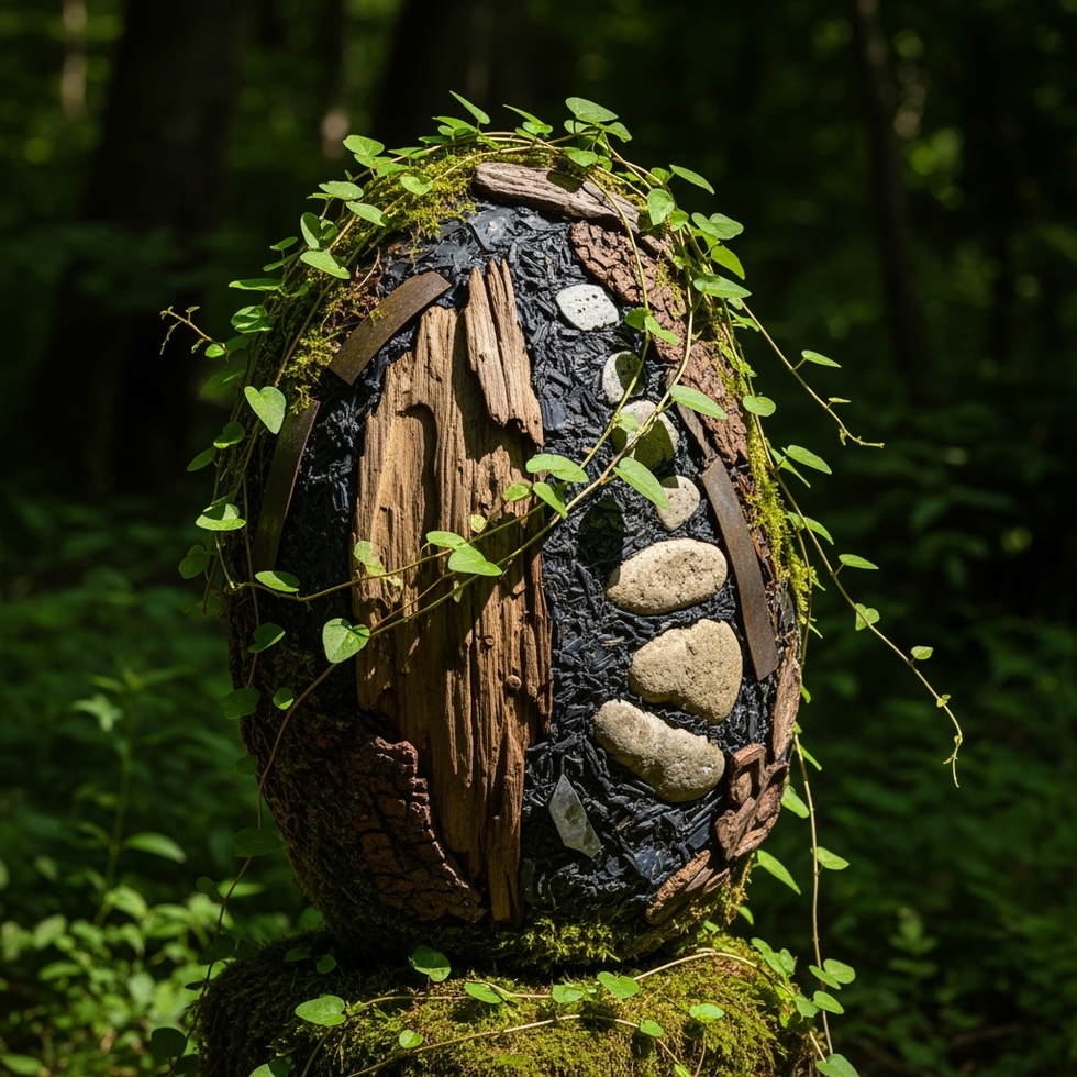 eco-friendly sculptures Close-up of art sculptures integrated with natural habitats, highlighting eco-friendly materials.