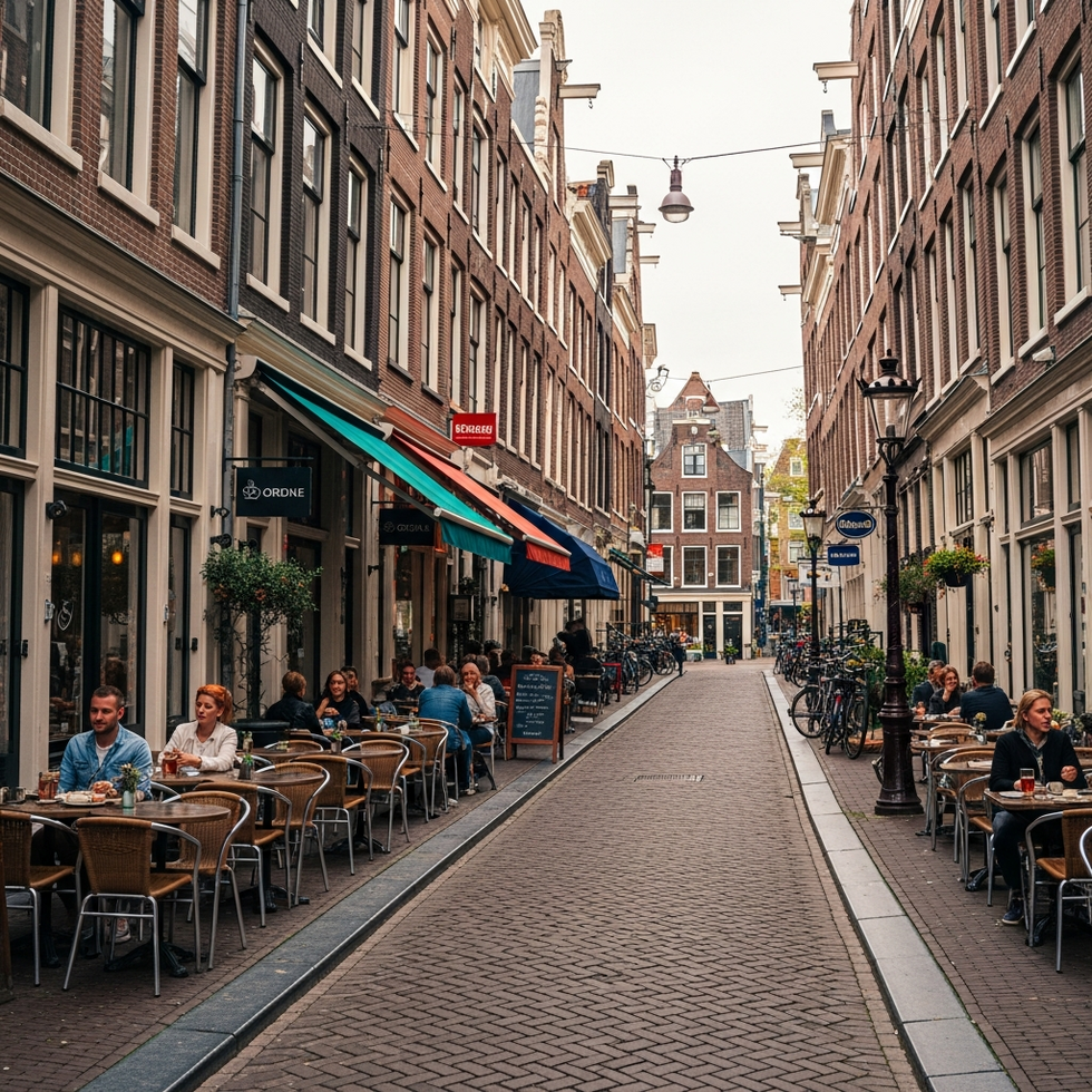 A vibrant scene of street life in Amsterdam's Jordaan district with cafes and boutique shops