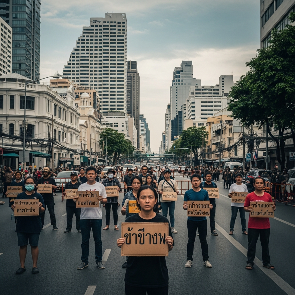 An image of political protests in Bangkok, reflecting the ongoing unrest affecting tourism confidence in Thailand.