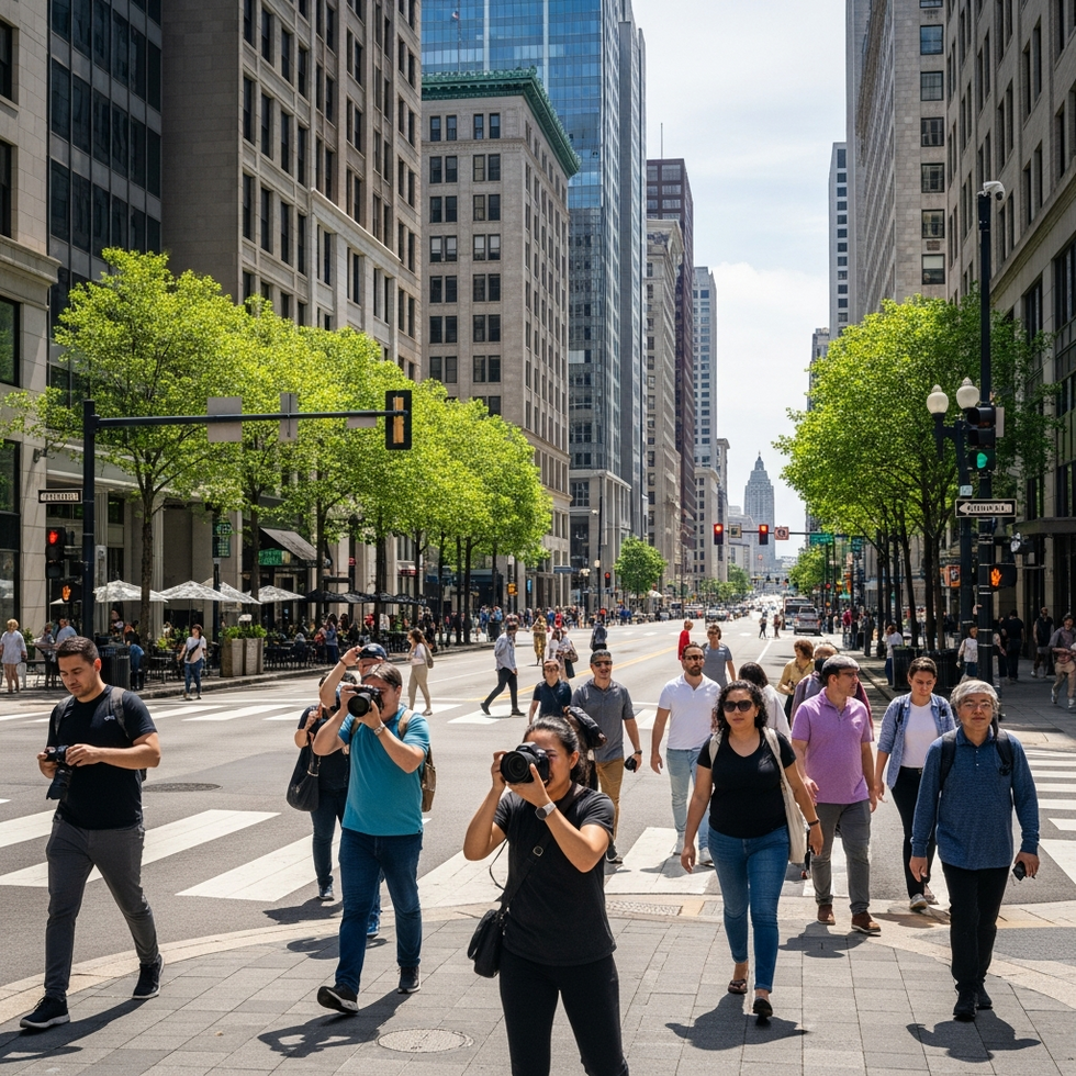 Tourists exploring landmarks in a vibrant US city showing strong tourism recovery