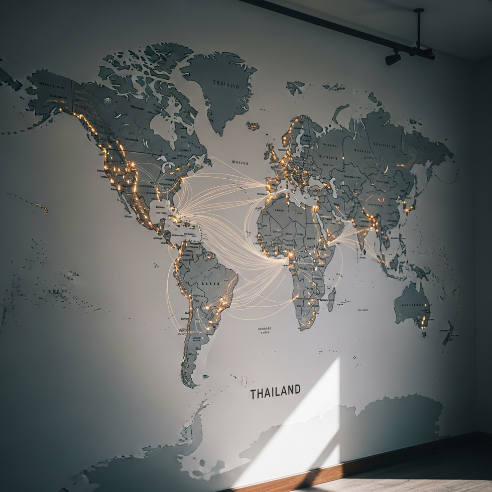 A global map highlighting key source markets for Thai tourism, emphasizing the interconnected nature of international travel patterns.