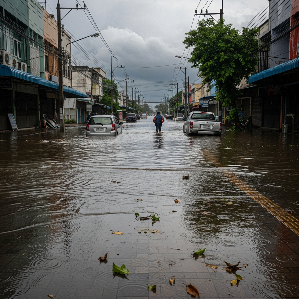 An image showcasing flooded streets and storm-affected areas in Thailand during 2025, highlighting environmental challenges faced by the tourism sector.