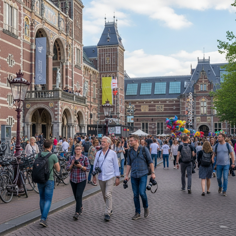 A bustling scene of tourists and locals visiting a popular museum in Amsterdam, with iconic architecture and lively street activity.