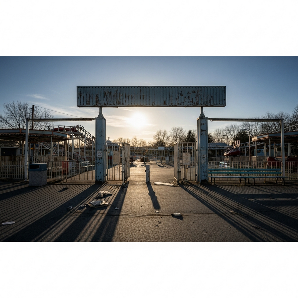 image prompt: panoramic view of Brean Theme Park with rides and entrance, showing a quiet and empty park after closure