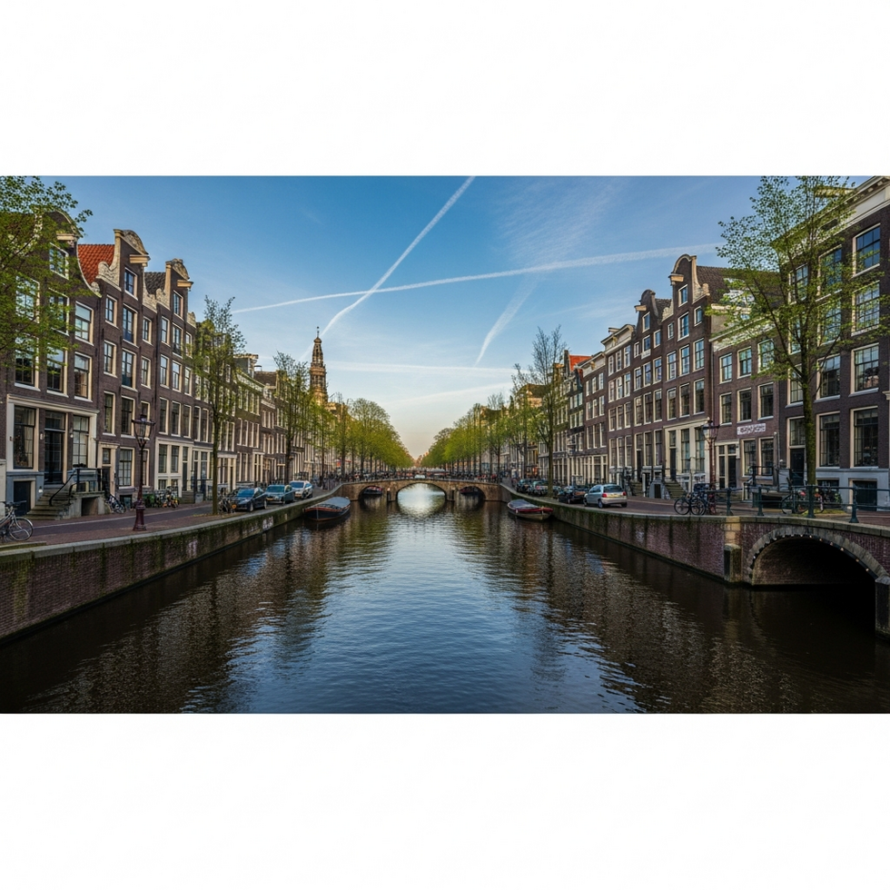 a panoramic view of Amsterdam's historic canal network lined with traditional Dutch buildings