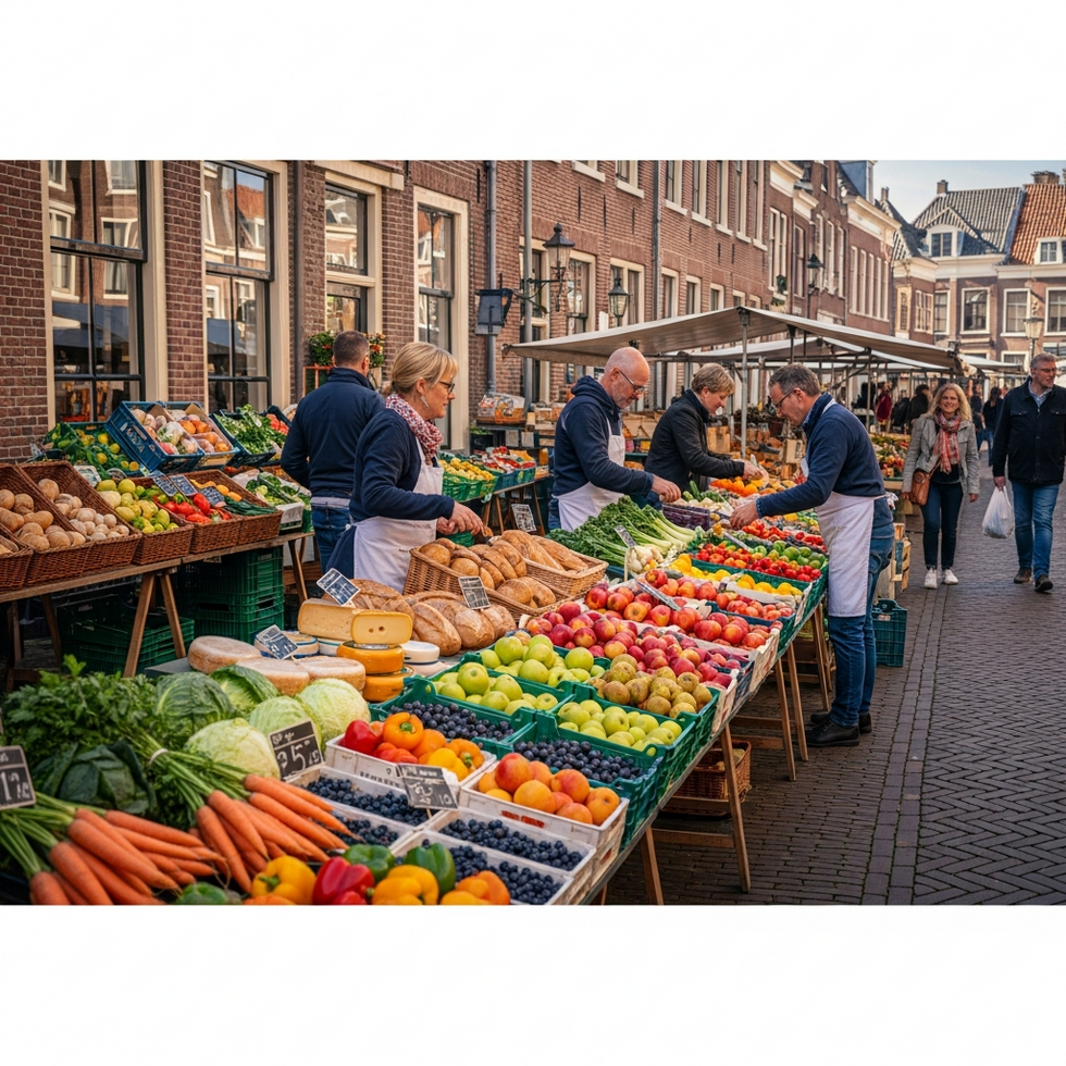 a bustling Dutch street market with traditional foods and local produce