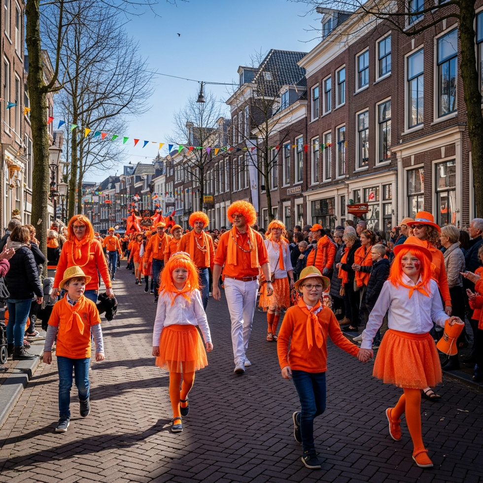 crowd celebrating King's Day with orange outfits and street parades in the Netherlands