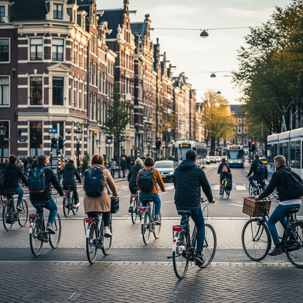 Cyclists navigating through a busy Amsterdam street with historic buildings in the background