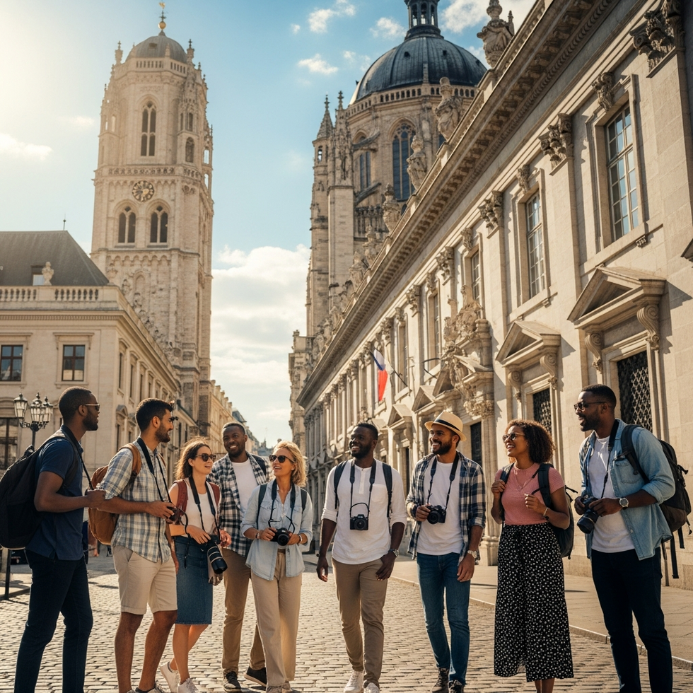 A diverse group of international travelers exploring famous European landmarks under bright, sunny skies