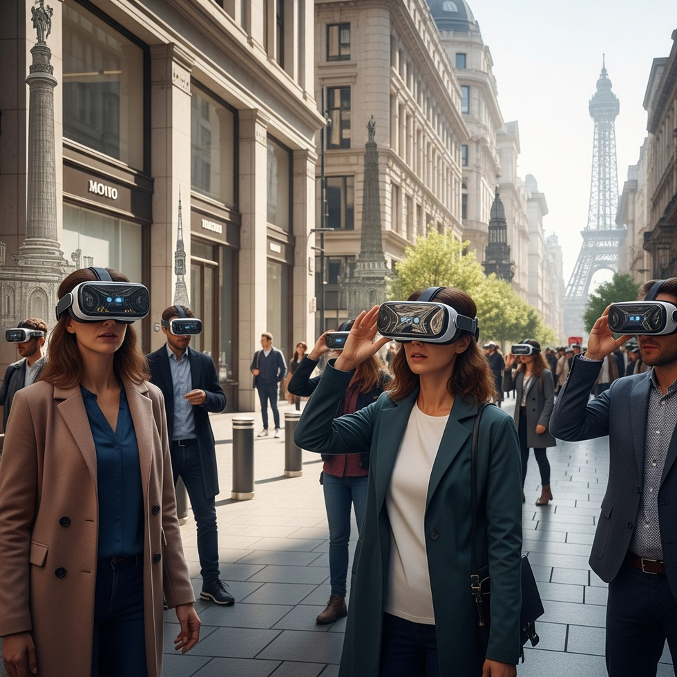 Tourists using virtual reality headsets on a city-street tour, with augmented overlays of historic landmarks