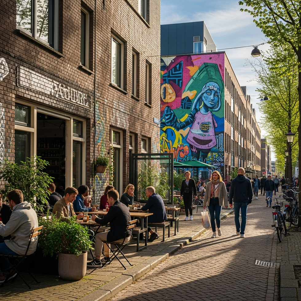 A vibrant scene of Noord neighborhood with street art, cafés, and people enjoying outdoor activities