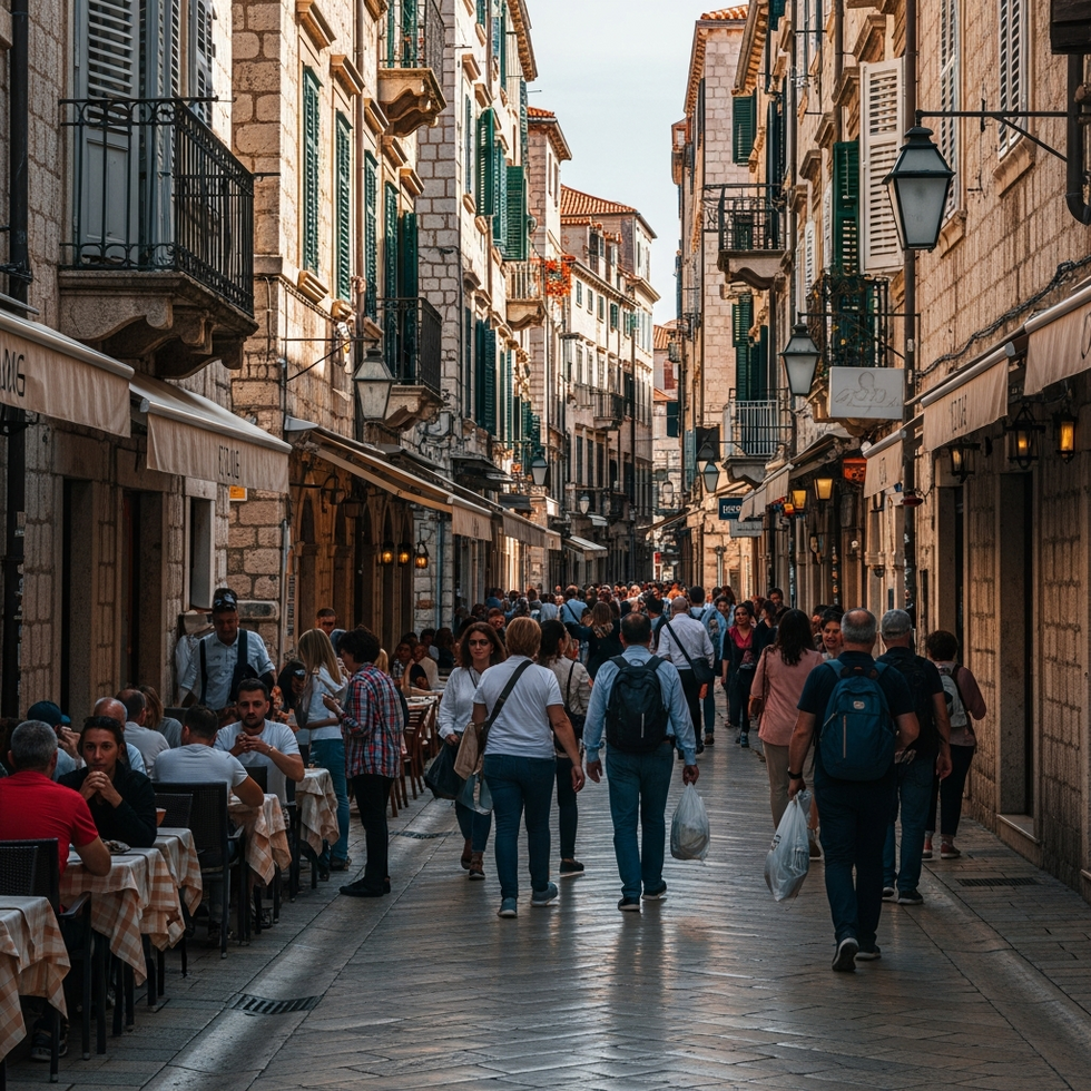 An image of narrow city streets in Barcelona crowded with tourists and local residents, illustrating the phenomenon of overtourism