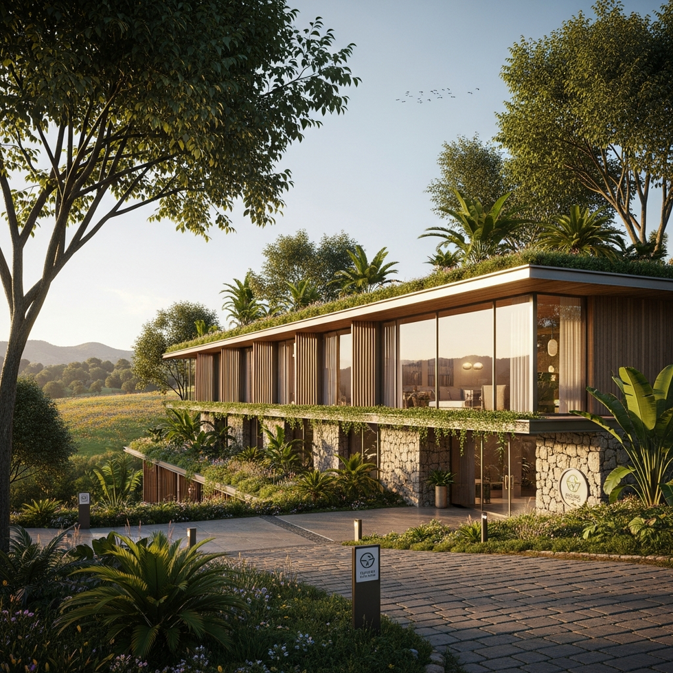 An eco-friendly hotel in Spain surrounded by lush nature, exemplifying sustainable tourism initiatives