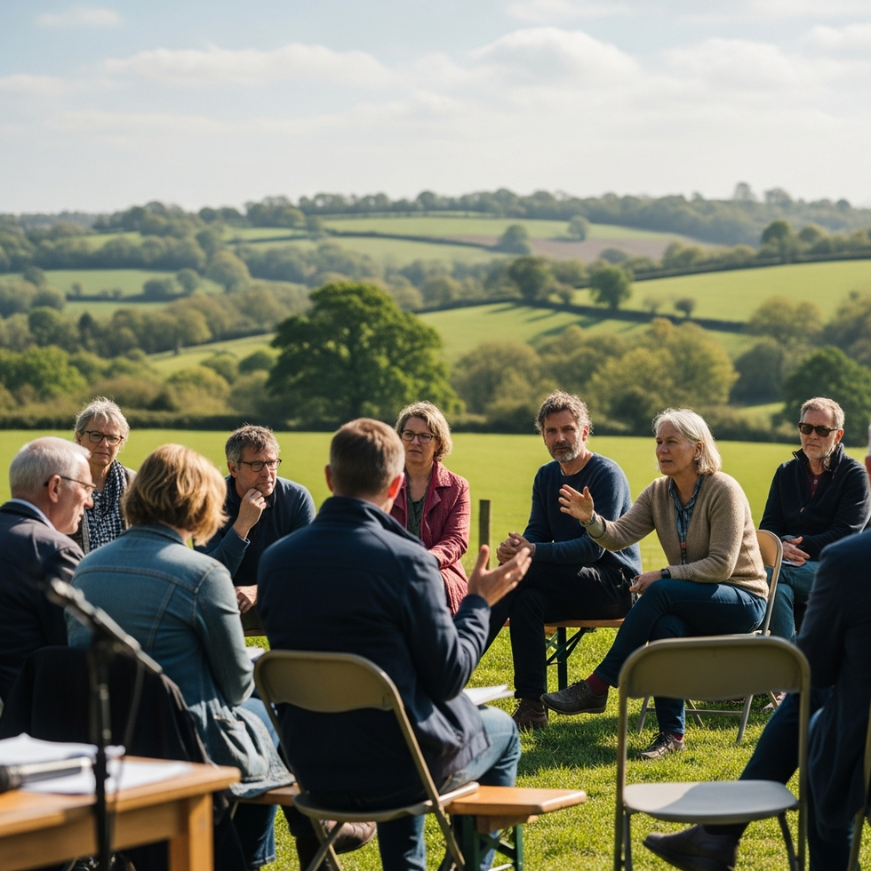 image prompt: community members discussing local plans at a town hall meeting, outdoors with Somerset scenery in background