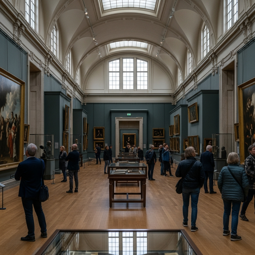 Inside the Rijksmuseum showcasing a vast collection of Dutch masterpieces with visitors admiring the artwork