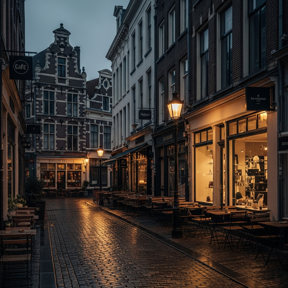 An inviting street scene in the Jordaan district featuring quaint cafes, local shops, and historic architecture under soft street lighting.