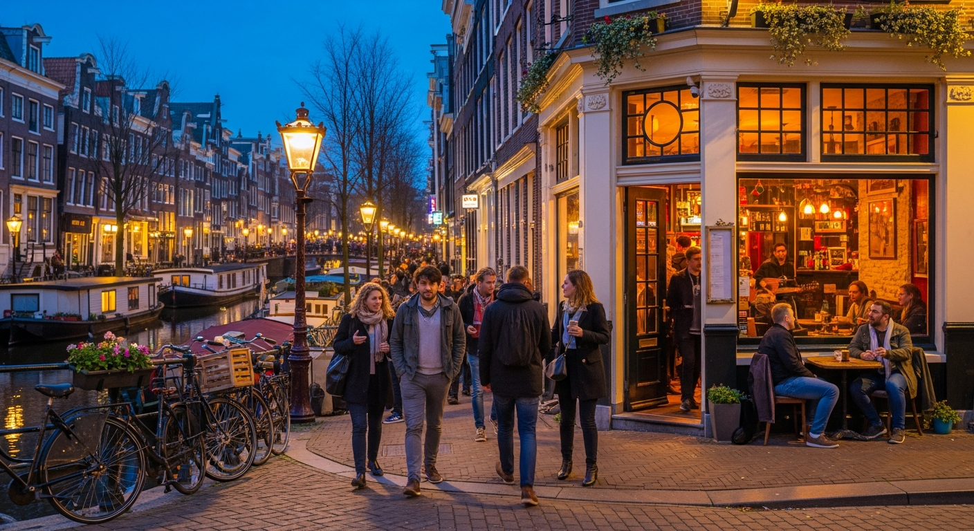 A lively scene outside a traditional Amsterdam coffeeshop with crowds of tourists and locals mingling under soft evening lights, showcasing Dutch architecture and the city’s vibrant street life.