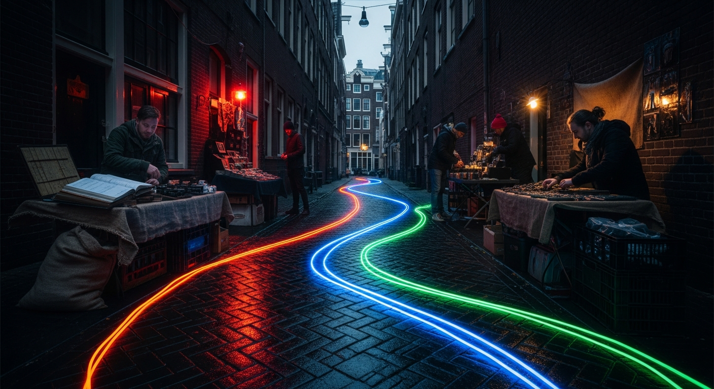 Close-up of a dark alley in Amsterdam with street vendors, ledgers, and subtle signs of underground trade framed by classic Dutch facades and neon lights reflecting off wet cobblestones.