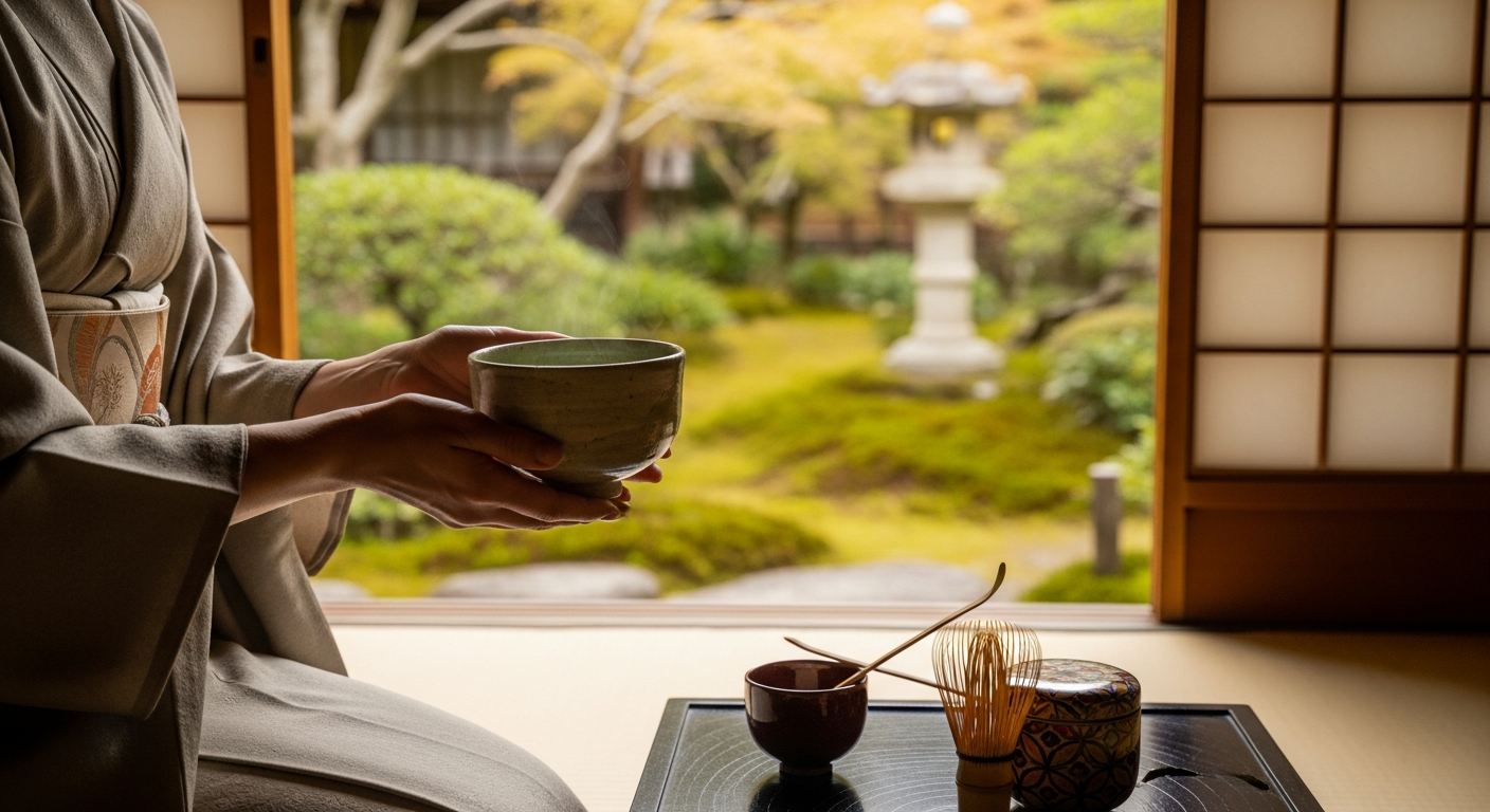 A close-up of a tourist participating in a traditional Japanese tea ceremony in a historic Kyoto teahouse, with lush garden views and warm ambient lighting