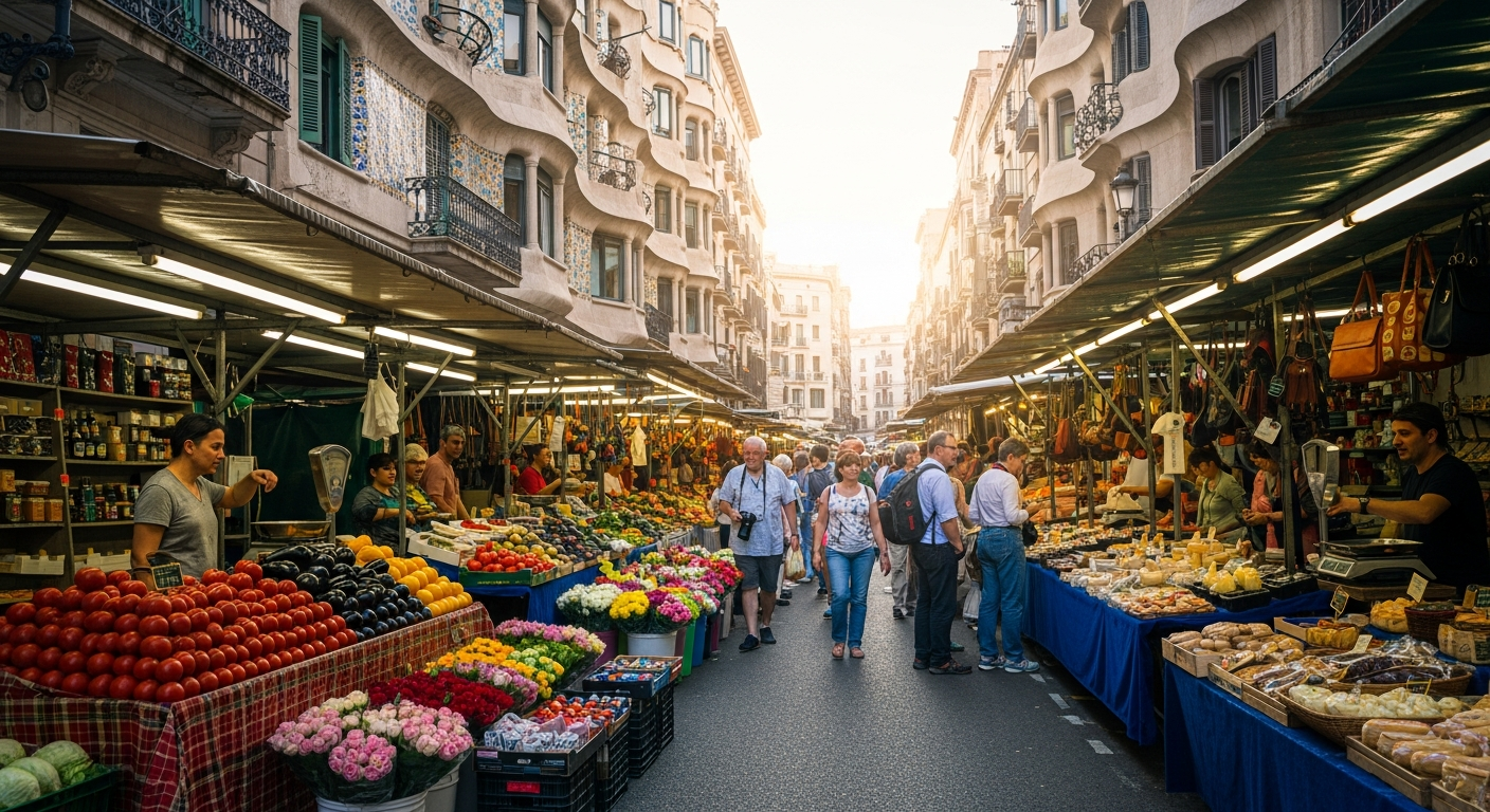 Vivid scene of a bustling street market in Barcelona with local vendors, colorful stalls, and tourists exploring, set against modernist architecture with warm sunlight
