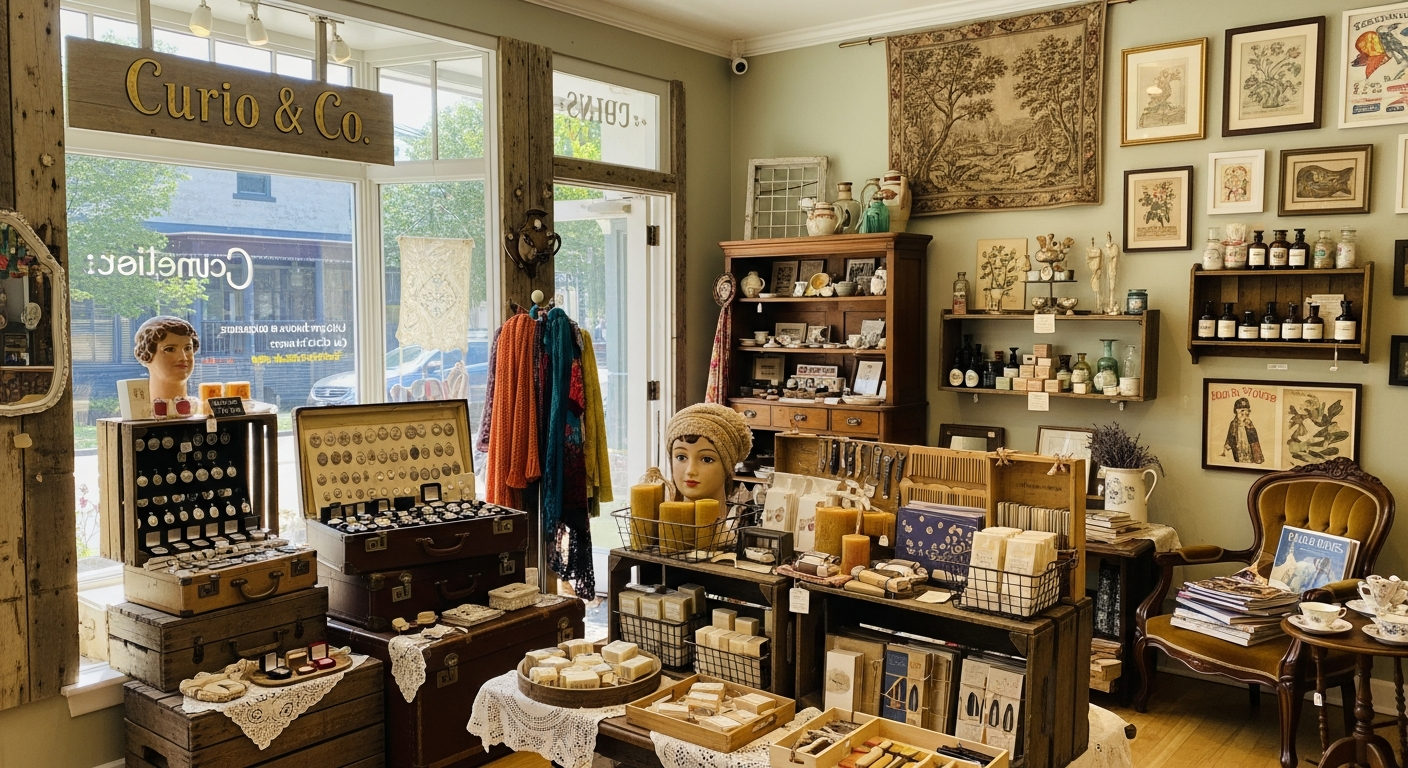Charming boutique store with eclectic displays and vintage accessories, situated in a lively district filled with pedestrians and café seating