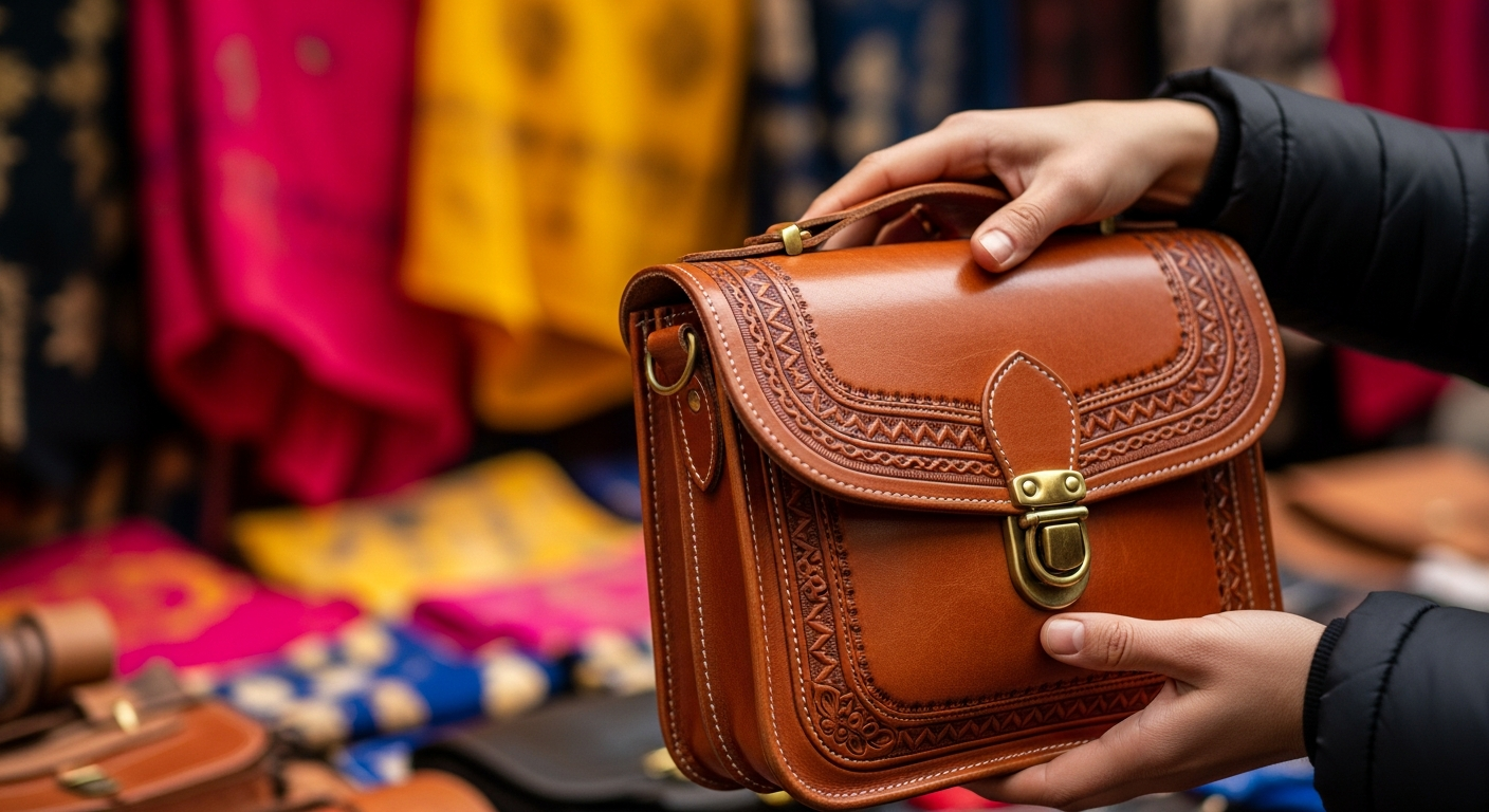 Close-up of a vendor handing a handcrafted leather bag to a customer at a traditional market stall with vibrant textiles in the background