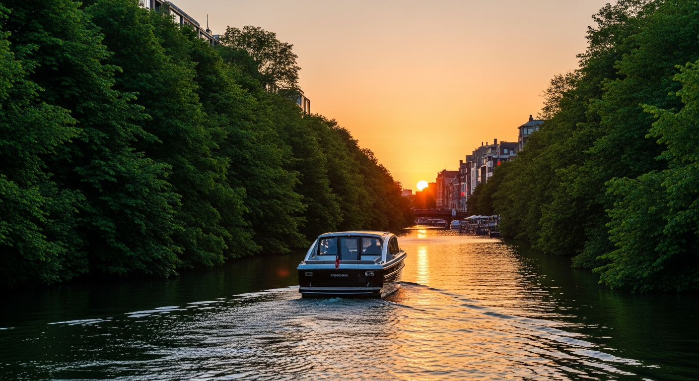 Eco-friendly electric boat sailing along a peaceful canal at sunset with lush greenery around, vibrant cityscape in the background