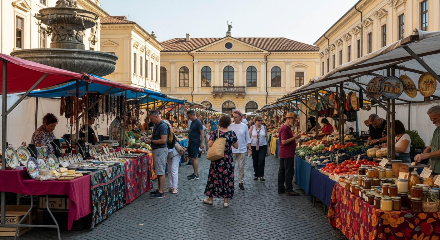 Wide shot of a vibrant outdoor market with colorful stalls displaying local crafts and produce, bustling with shoppers in a lively city square