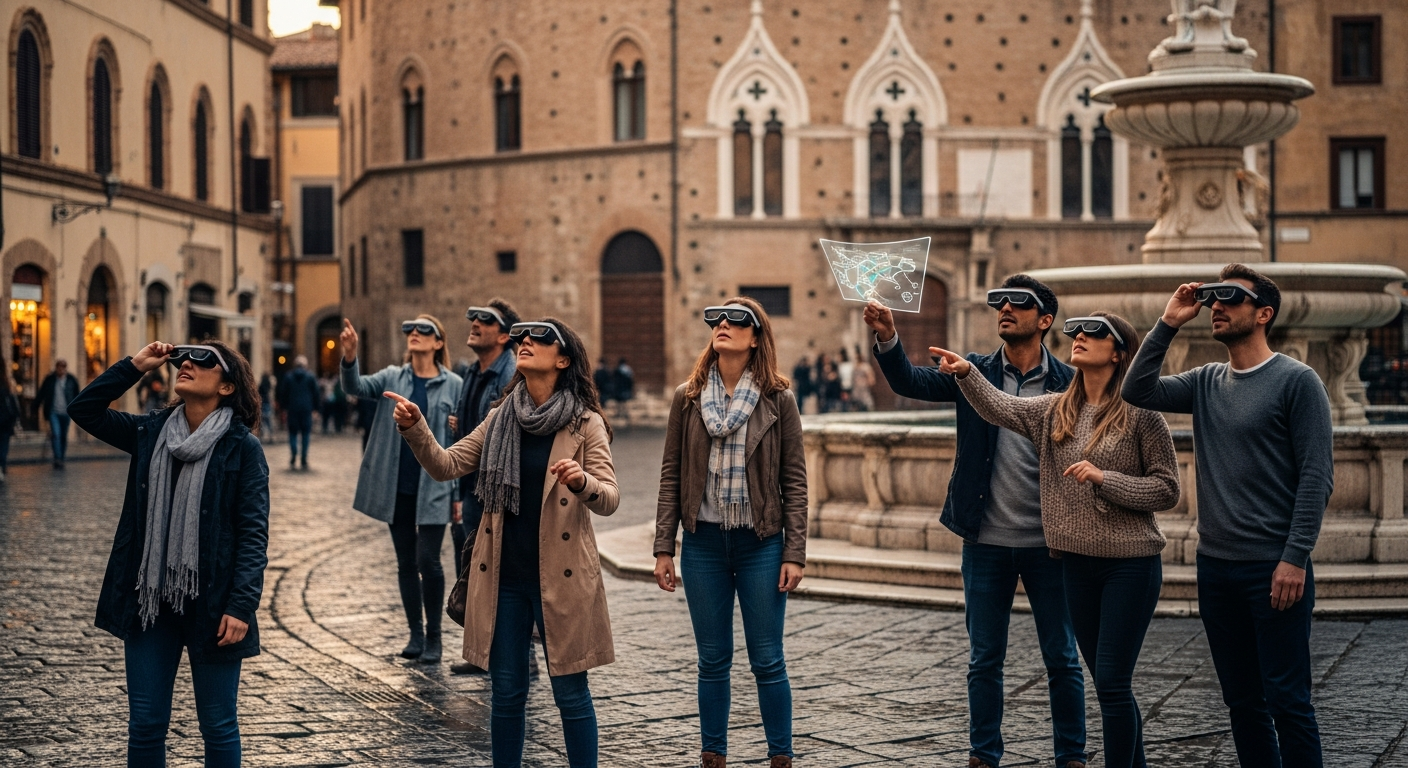Photorealistic image of a group of tourists using augmented reality glasses while exploring a historic city center in Italy, with ancient buildings and cobblestone streets under soft afternoon light